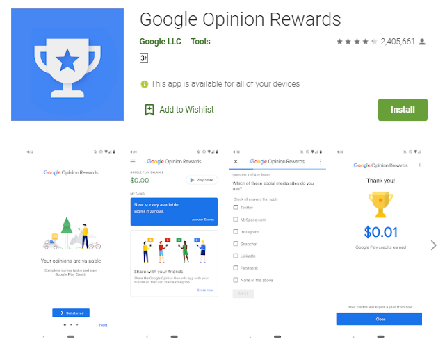 Google opinion rewards for free google play redeem code